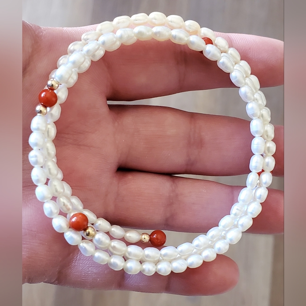 14K Gold Bead Pearl & Coral Bracelet